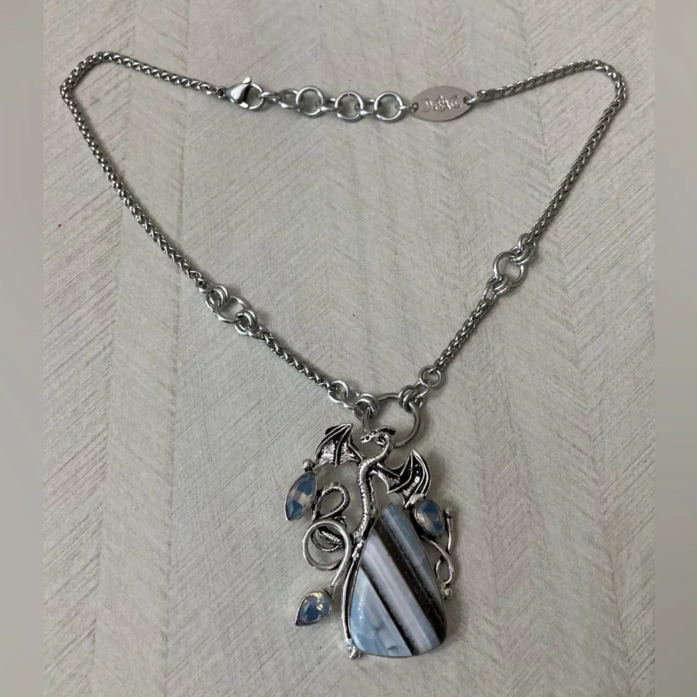 925 sterling silver overlay stripped agate iridescent opalite dragon necklace - Picture 11 of 12